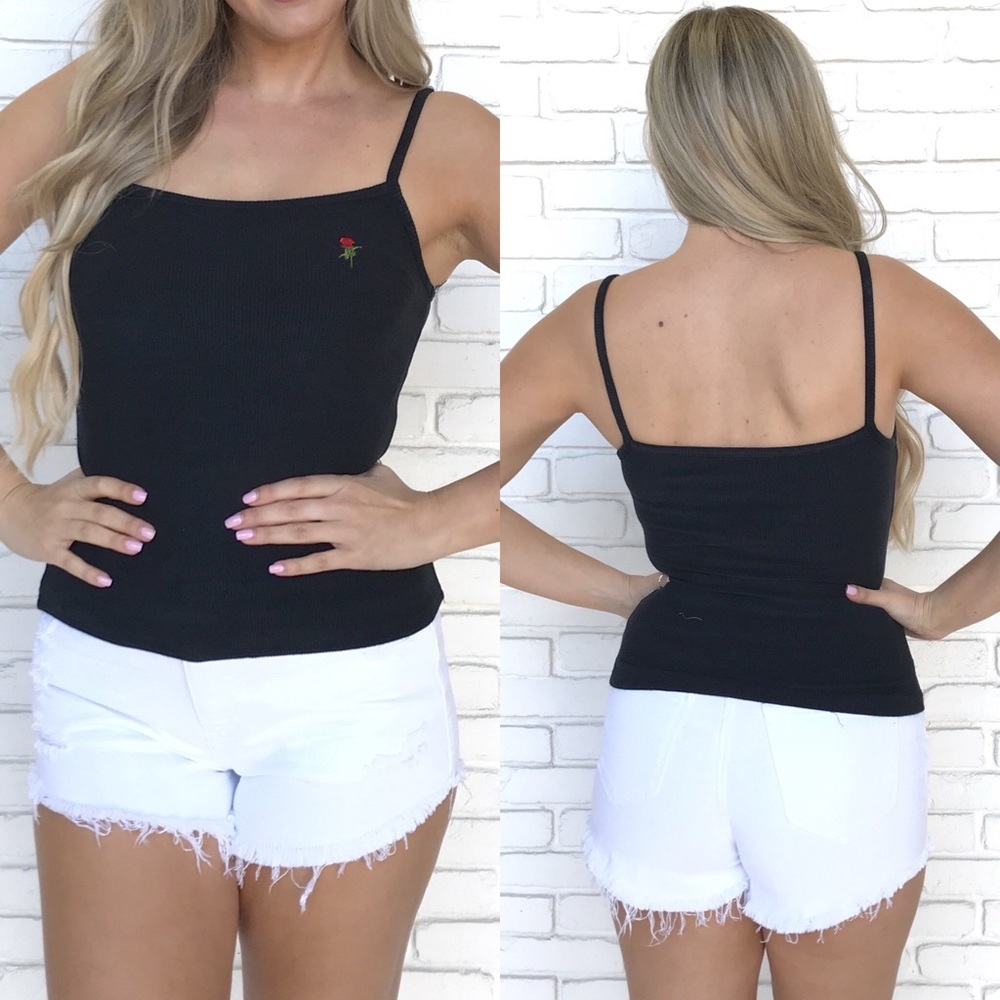 Honey Punch Ribbed Rose Embroidery Tank Top